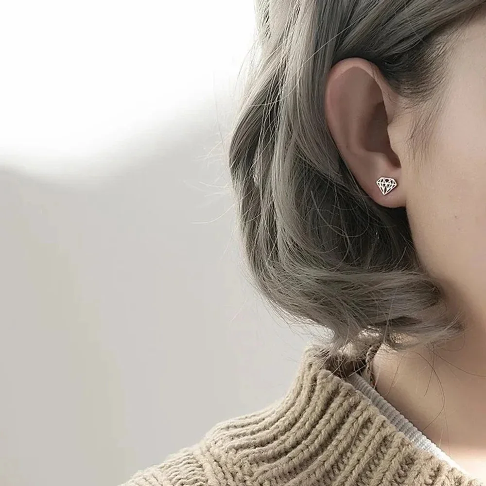 Women Hollow Diamond Earrings 925 Sterling‎ Silver Studs